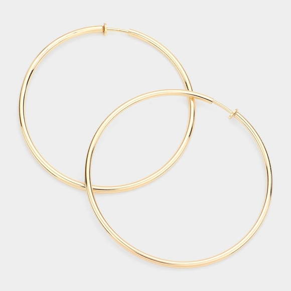 Gold Clip On Big Hoop Earrings Casual Simple 3.2 Oversized Metal - Picture 1 of 3